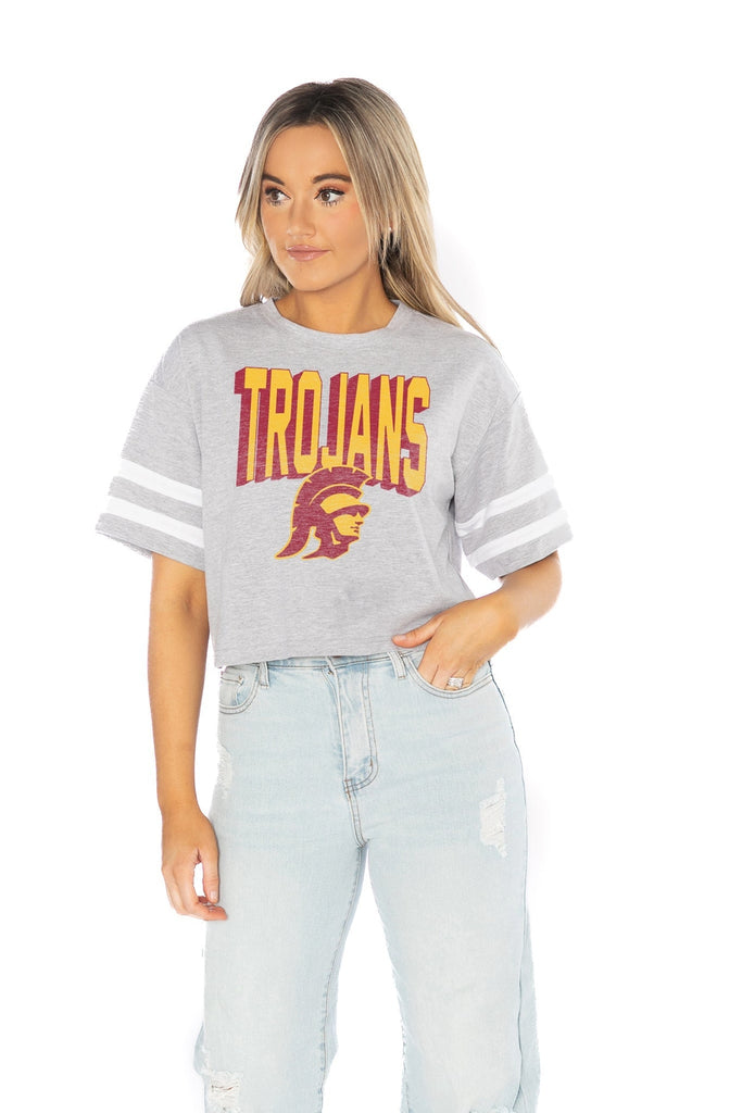 LOS ANGELES CHARGERS GRIDIRON GLAM SHORT SLEEVE CROP TEE WITH SPORT STRIPE  DETAIL