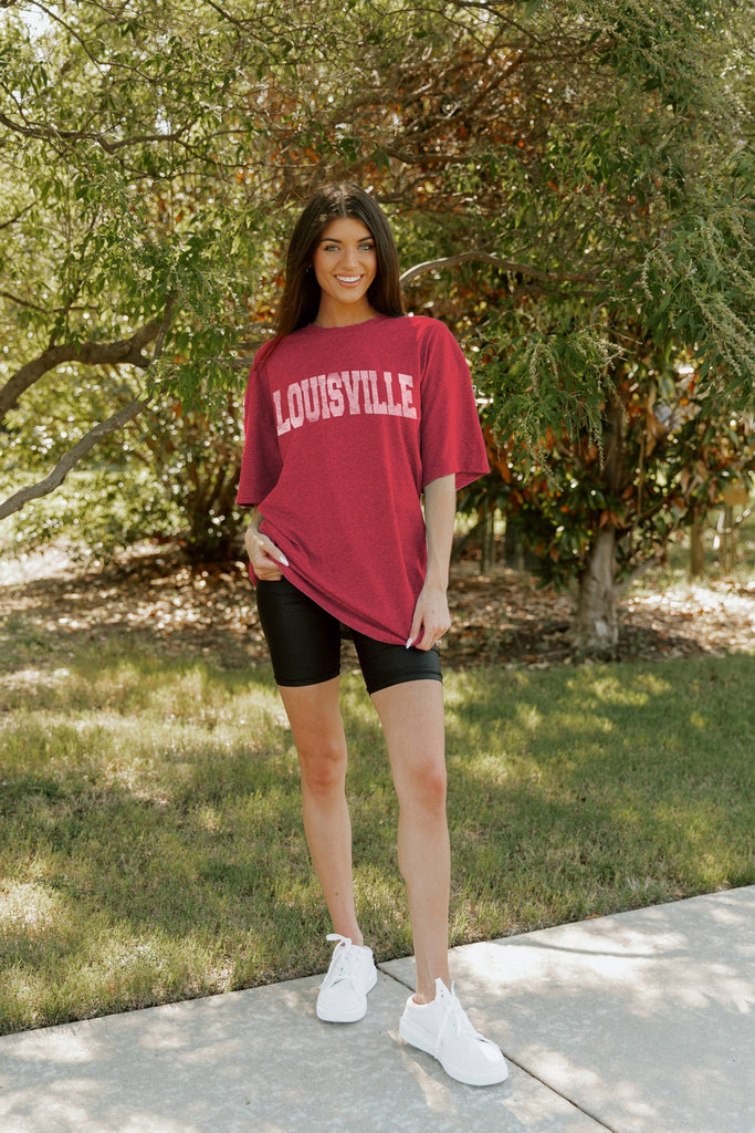 LOUISVILLE CARDINALS GO TEAM BOX SHOULDER BOYFRIEND TEE BY MADI