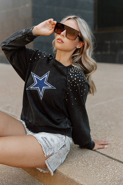 NEW YORK GIANTS COUTURE CREW FRENCH TERRY VINTAGE WASH STUDDED SHOULDER  DETAIL LONG SLEEVE PULLOVER