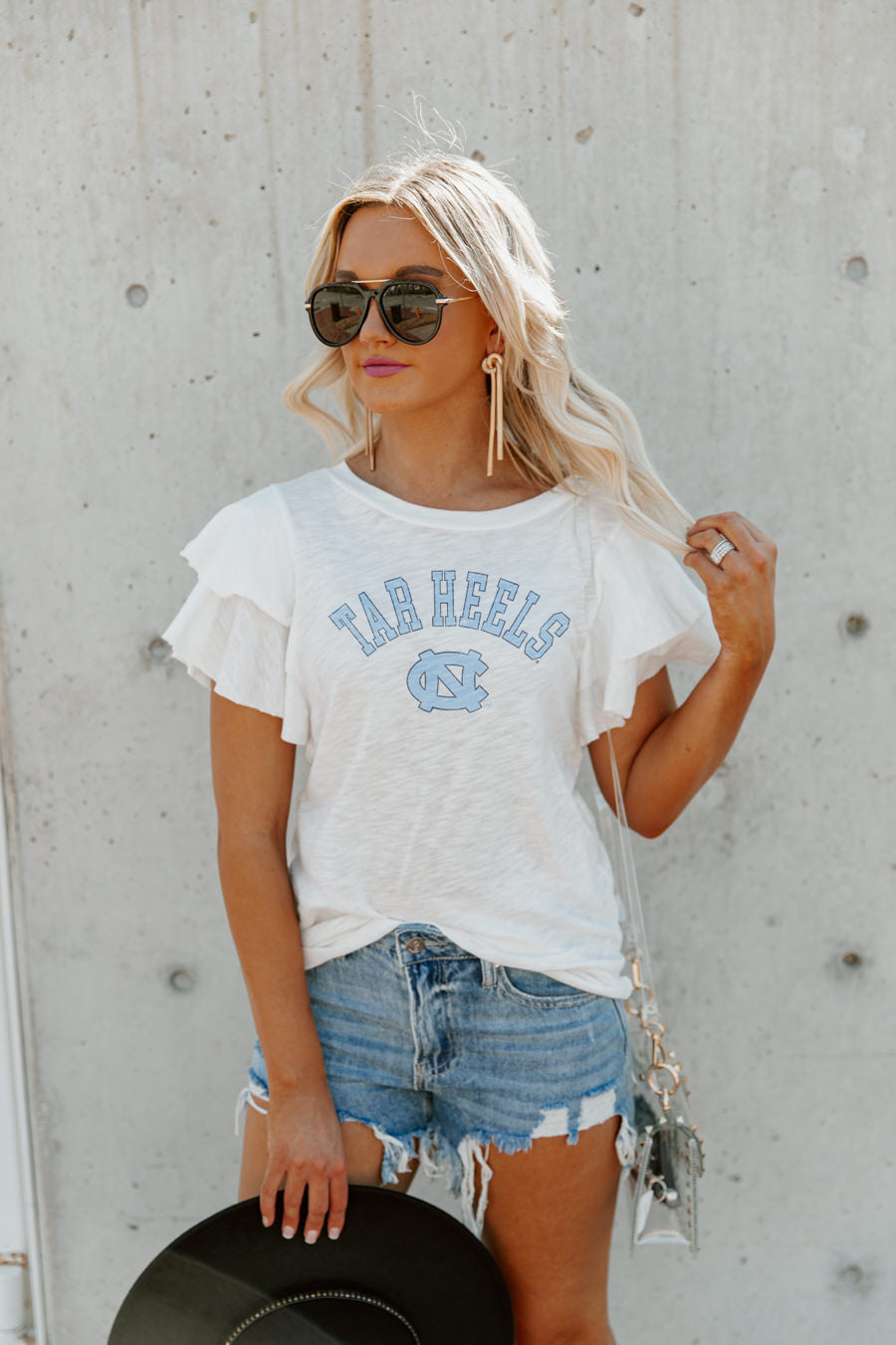 NORTH CAROLINA TAR HEELS ALL IN TO WIN FLUTTER SLEEVE CREWNECK TOP