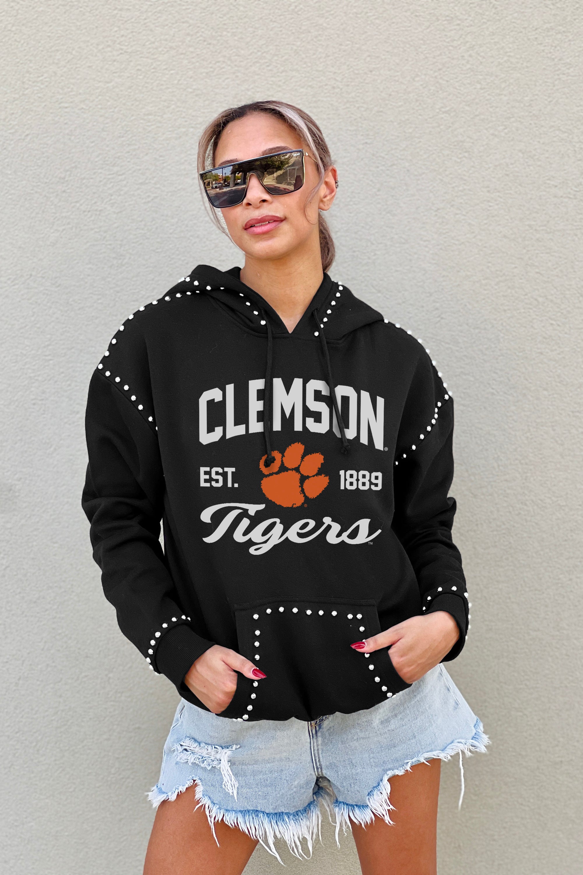 CLEMSON TIGERS HERE FOR IT STUDDED DETAIL FLEECE FRONT POCKET