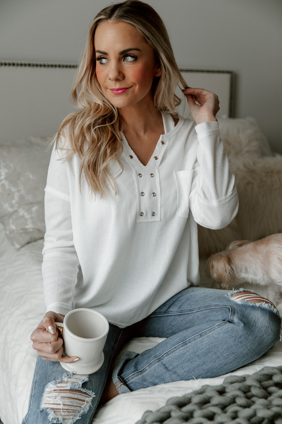 white henley long sleeve sweater