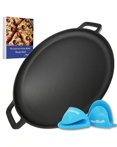 16 INCH CAST IRON PIZZA PAN ROUND GRIDDLE WITH FREE SILICONE HANDLES AND RECIPES EBOOK