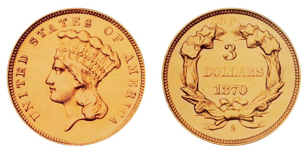1870 S Indian Princess Head Gold $3 coin