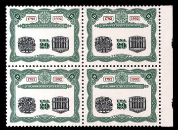 19922 9c New York Stock Exchange Bicentennial stamp block 