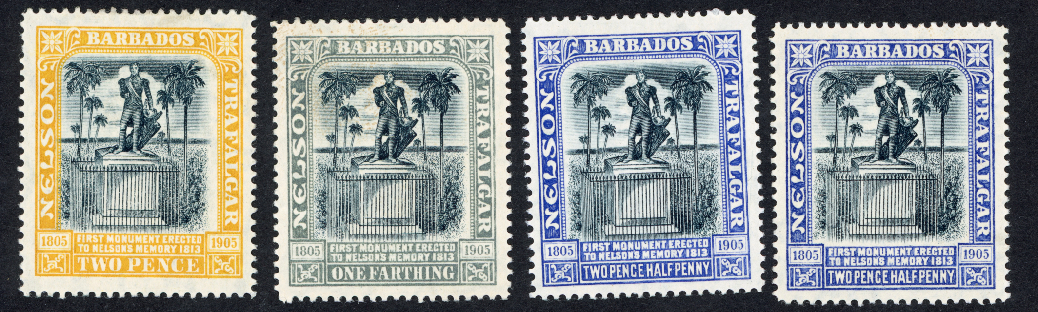 Barbados 1907 Nelson Centenary set of 4, watermark MCA, including scarce 2½d in black and indigo (SG162a), SG158/162a.