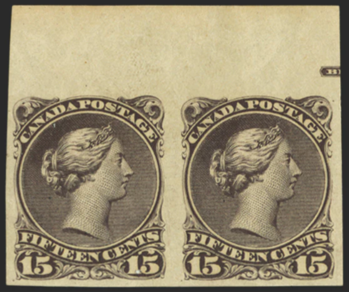 Canada 1868-90 Large Queen 15c, IMPERFORATE HORIZONTAL PAIR in brown-purple, upper marginal with trace of imprint, SG71a.