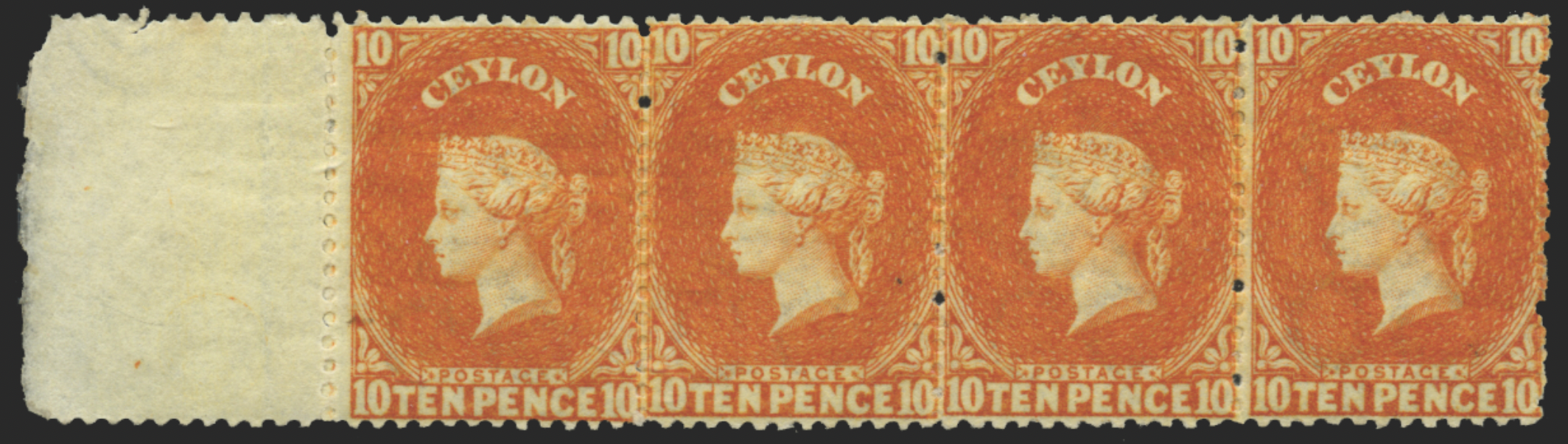 Ceylon 1867-70 10d red-orange, watermark CC type 6, horizontal strip of 4 from left of sheet, SG70b.