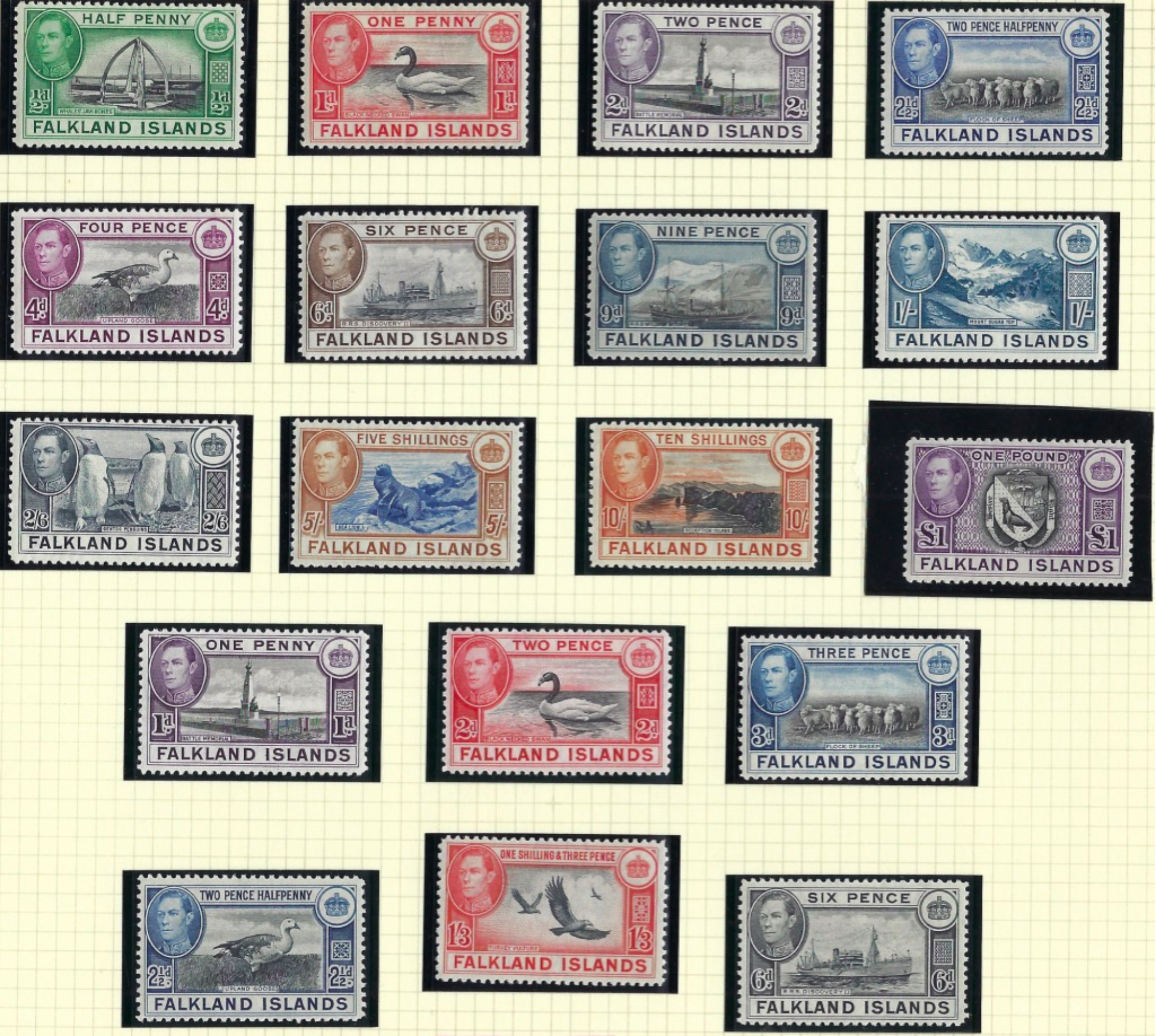 Falkland Islands 1938 (3 Jan) set of 18 to £1 black and violet, SG146/63.