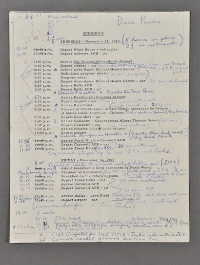 JFK final days schedule intinery 