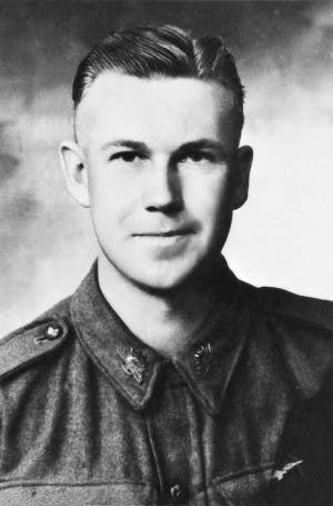 A portrait shot in black and white of Australian corporal John French who was killed as he won a Victoria Cross