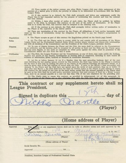 Mickey Mantle Yankees contract 