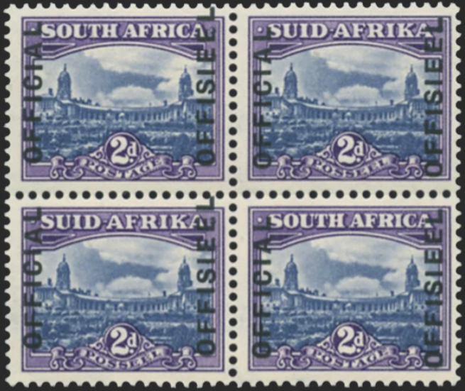 South Africa 1944-50 Official 'Set 23' (= 1949-50 issue) small format 2d blue and violet, SG type O6 overprint (reading upwards with 'OFFICIAL' at left and 16mm between lines of overprint), BLOCK OF 4, SGO35.
