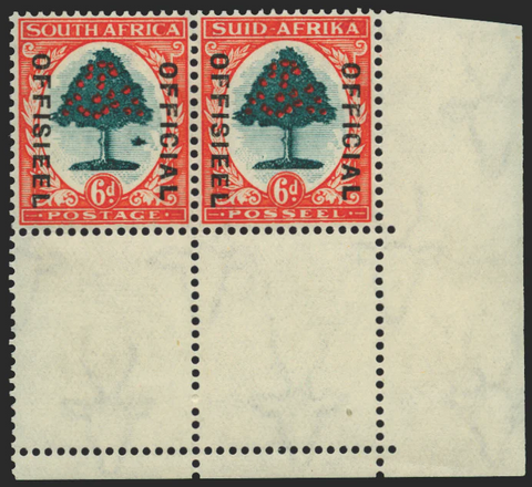 South Africa 1935-49 6d green and vermilion "Orange Tree" Official (die I), "SUID-AFRIKA" hyphenated, lower right corner horizontal pair, left stamp (R20/11) showing "Molehill" flaw, SGO24b.