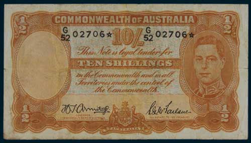 Ten shilling australian note 1942 