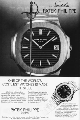 An ad for the Patek Philippe Nautilus watch focuses on its steel construction