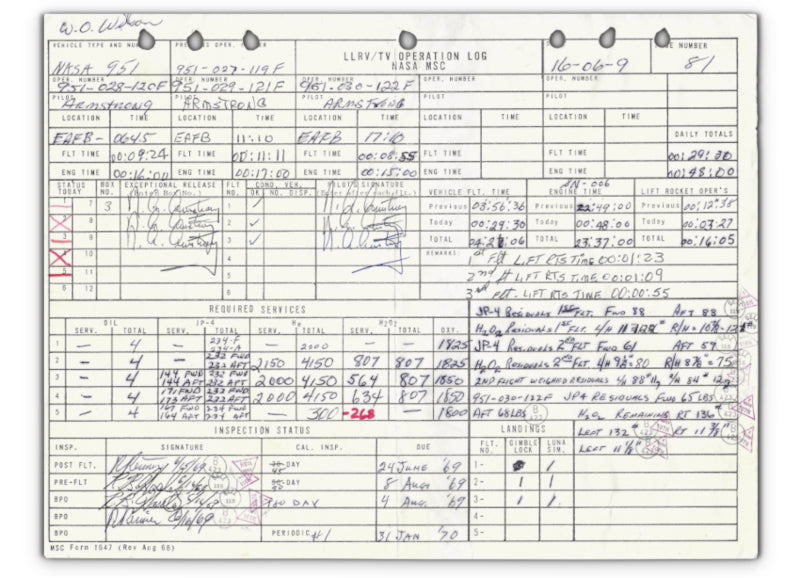 Neil Armstrong signed Apollo 11 LLTV flight log