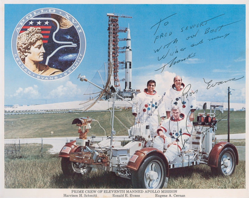 Paul Fraser Collectibles | An official NASA 8” x 10” colour portrait of the Apollo 17 crew.