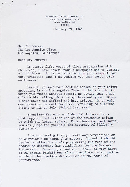 Bobby Jones letter 