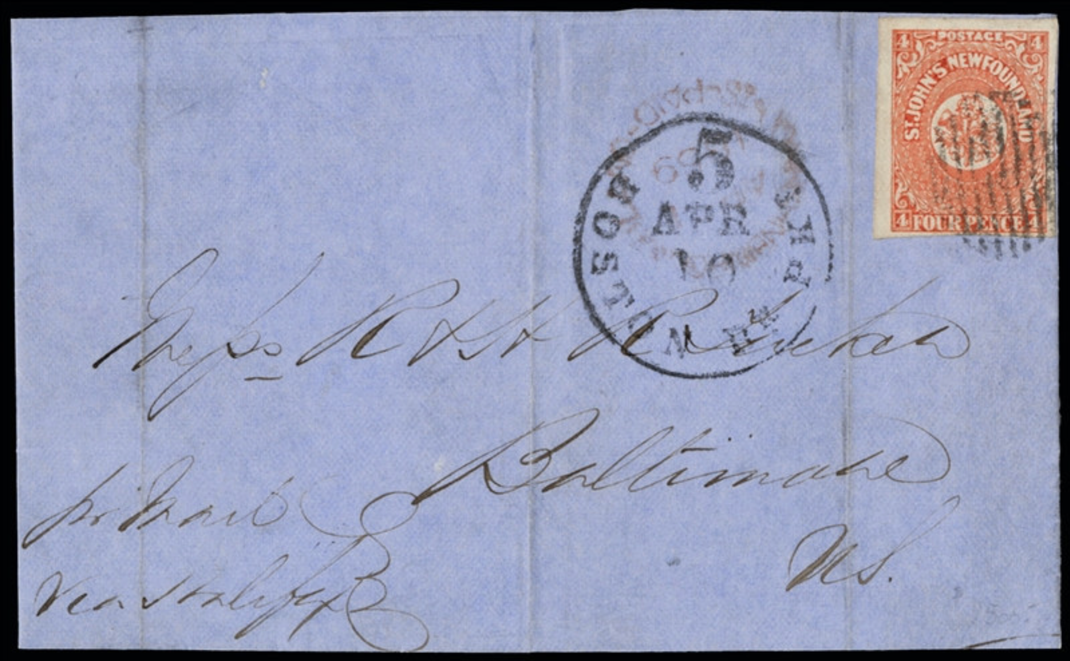 Newfoundland 1859 4d scarlet-vermilion cover sent from St John's to Baltimore, SG4.