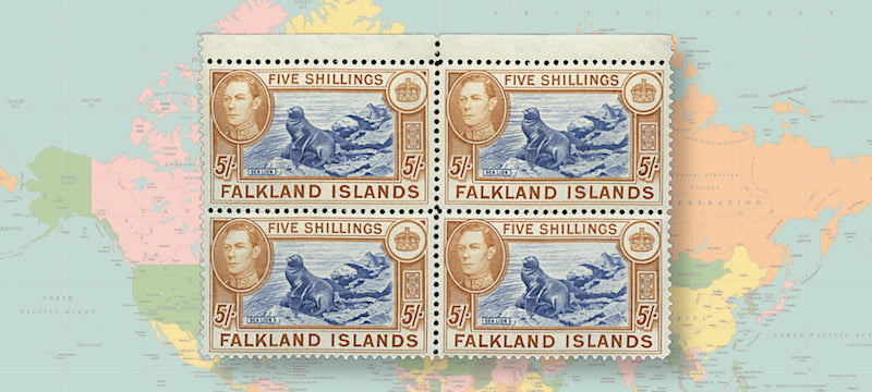 Falkland Islands 1938-50 5s indigo and pale yellow-brown, "Southern Sea Lion", SG161b, 1938 second printing, upper marginal BLOCK OF 4 (folded horizontal perforations).