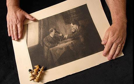 Hitler & Lenin etching with pieces from the chess set 