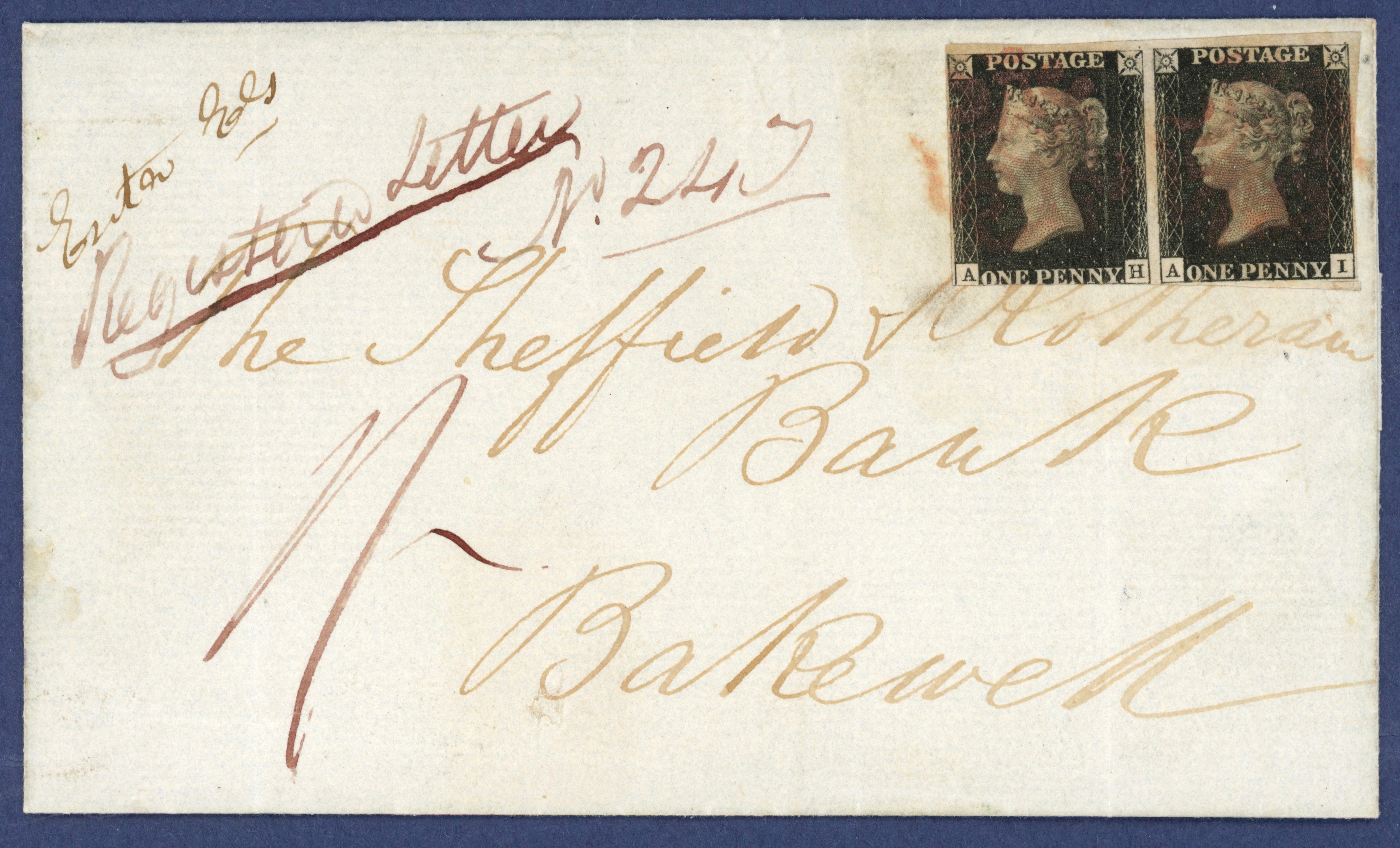 Two Penny Black stamps, used on an envelope