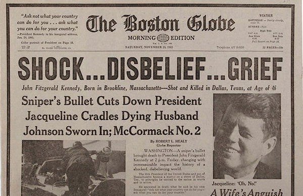 Boston Globe Kennedy assassination front page headline