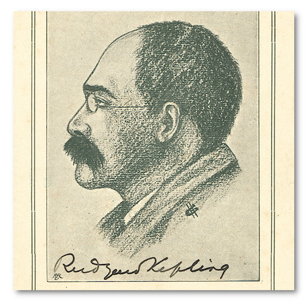 A Rudyard Kipling signed postcard featuring a sketch of the writer