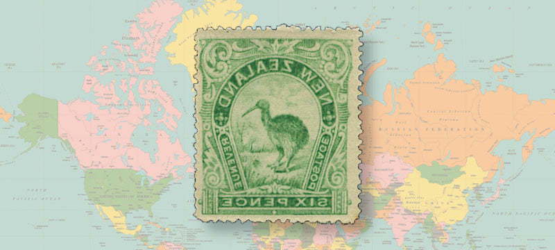 New Zealand 1898 6d green pictorial "Kiwi" stamp, showing very clear offset on reverse, SG254var.