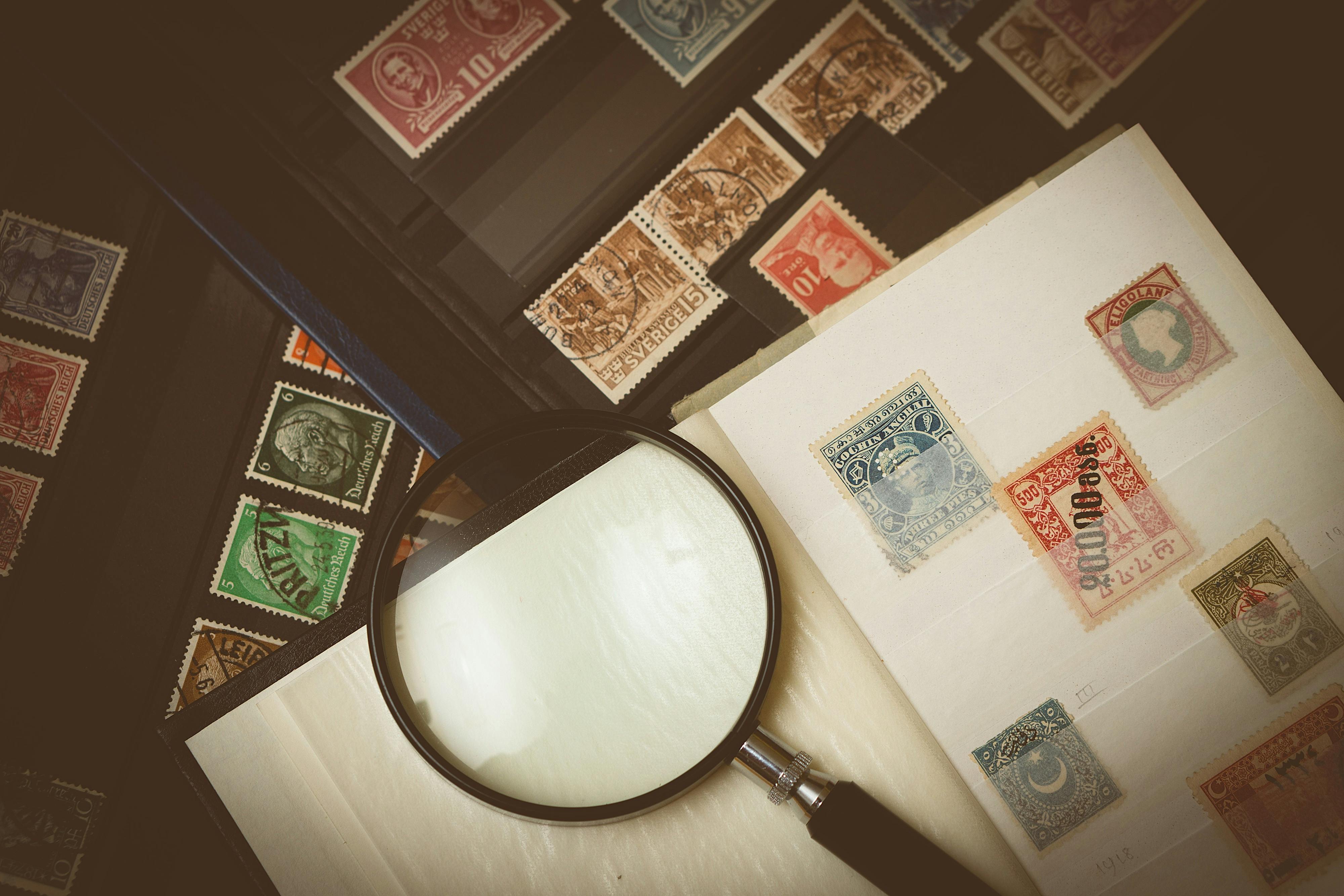 Stamp collection under the magnifier
