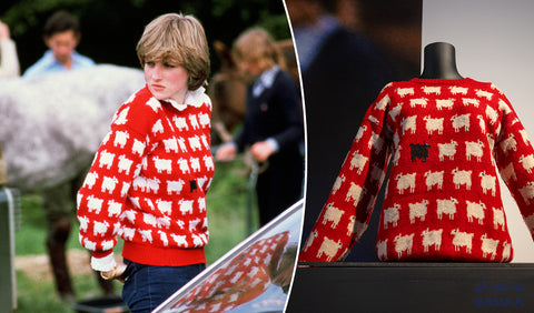 Diana Princess of Wales wearing a red sweater with white sheep and one black sheep on it