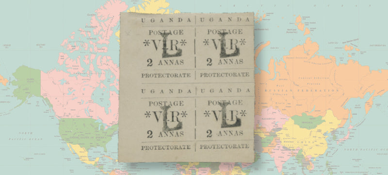 Uganda 1896 (7 Nov) Typeset 2a black on thick white wove, handstamped 'L' (type 7) for local use, lower left corner block of 4, showing variety 'Small O in POSTAGE' on upper left stamp (R3/1), SG71/a.