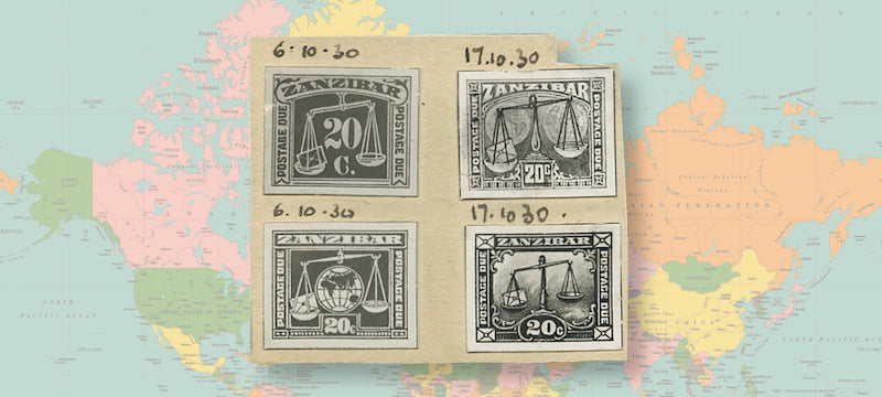 Zanzibar 1930 (Oct) group of four stamp-size "bromides" of different hand-painted Postage Due essays based on the 1923 Hong Kong "postal scales" design, each denominated "20c", affixed to piece of card (60x53mm) from the Bradbury, Wilkinson archives, with two dated "6.10.30" and two "17.10.30" above the designs, SGD25/30.