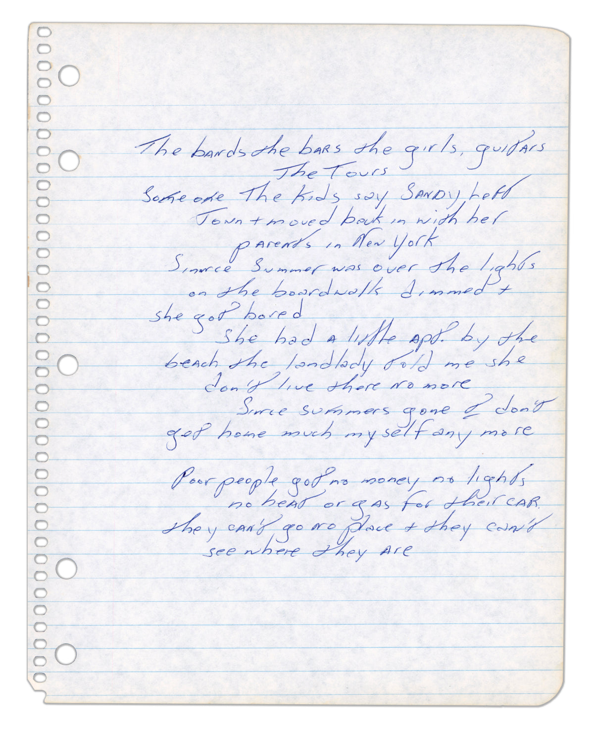 Bruce Springsteen handwritten song lyrics