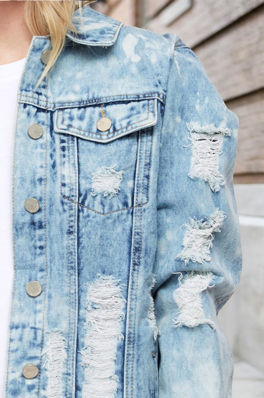 distressed light wash jean jacket