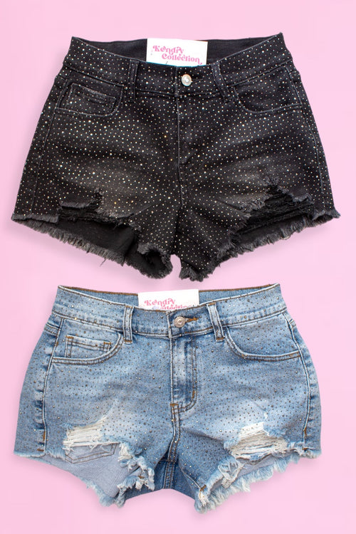 Black Rhinestone Distressed Denim Shorts - Kendry Collection Boutique