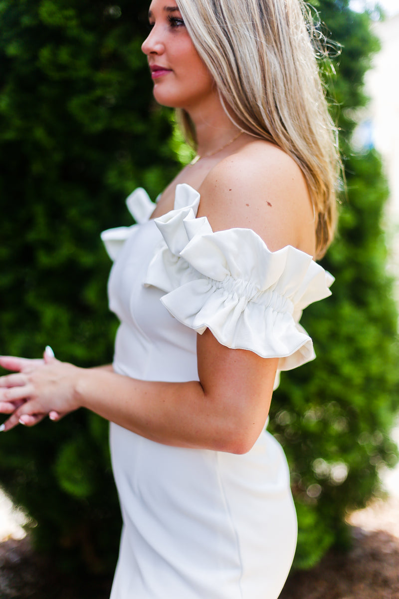 off the shoulder white bridal shower dress