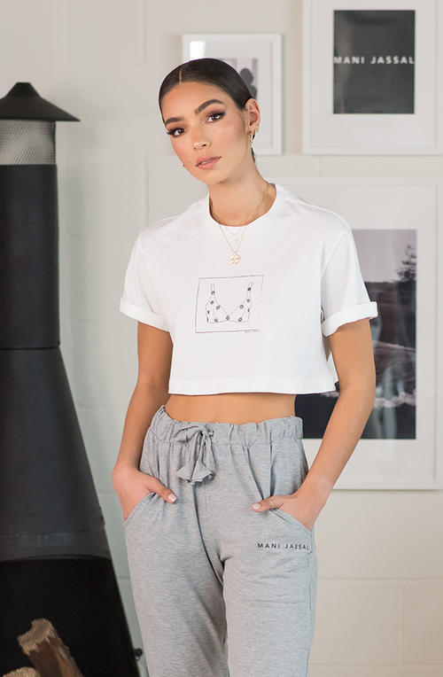 Zendaya: White Crop Tee, Beige Joggers