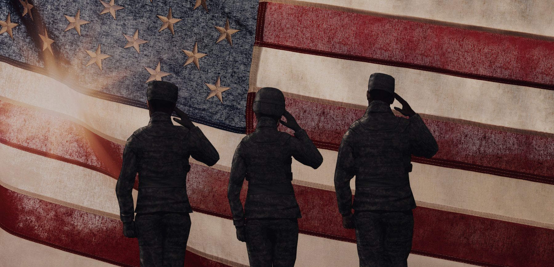 Three US veterans saluting to the American flag