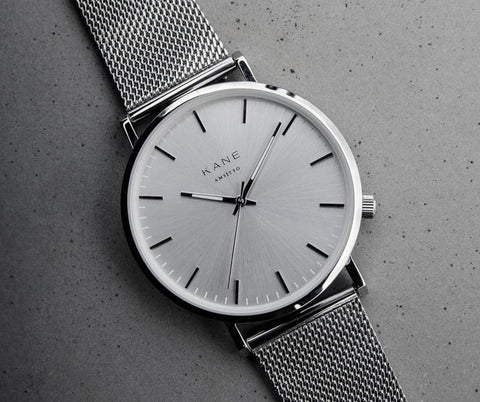 KANE Watches Minimal Men's Watch featuring interchangeable straps. Silver Stainless Steel Minimal Watch for Men.