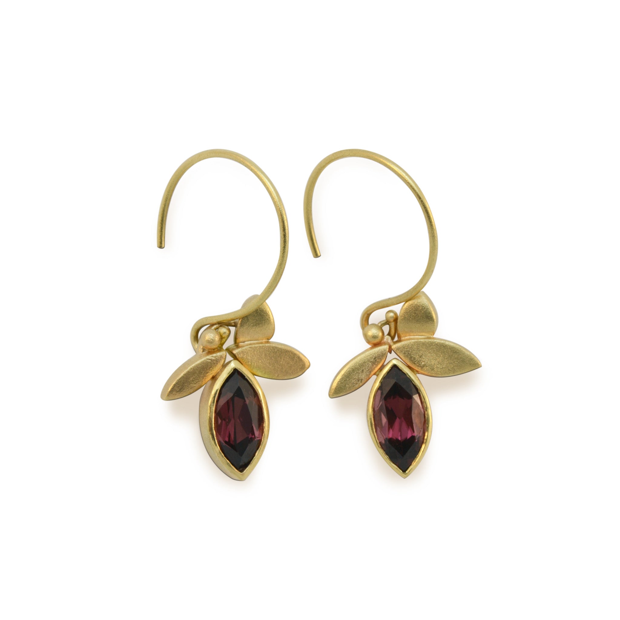 Yellow Gold & Garnet Flora Leaf Earrings