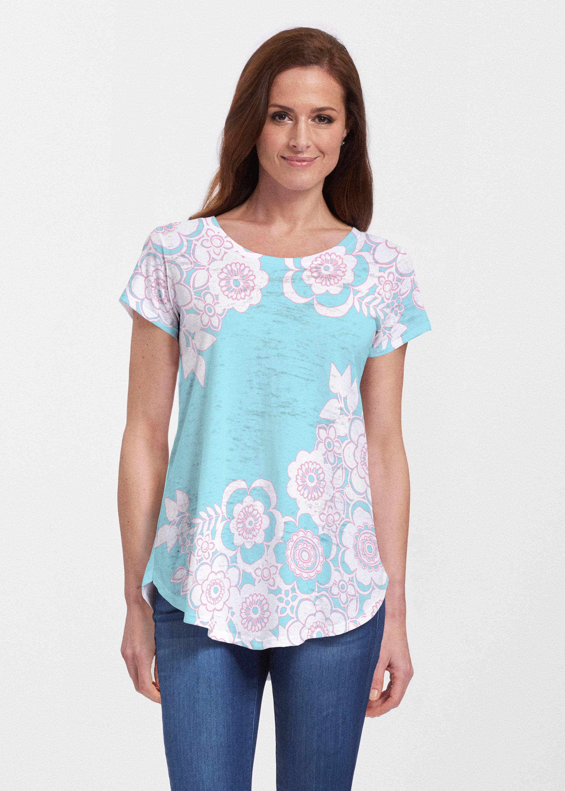 Free Floral Aqua (13438) ~ Signature Short Sleeve Scoop Neck Flowy