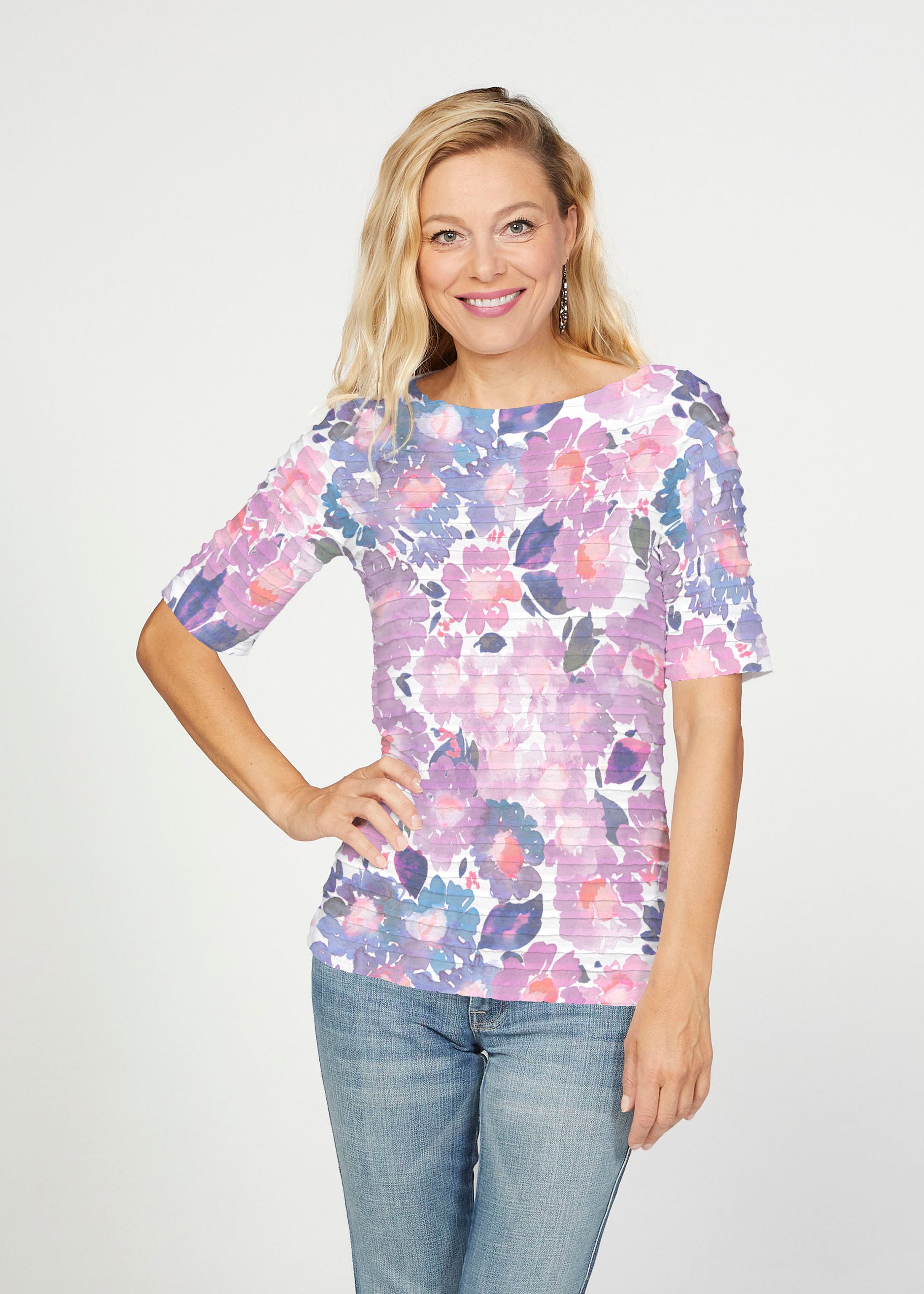 Lilac (16255) ~ Banded Elbow Sleeve Boat Neck Top – Whimsy Rose