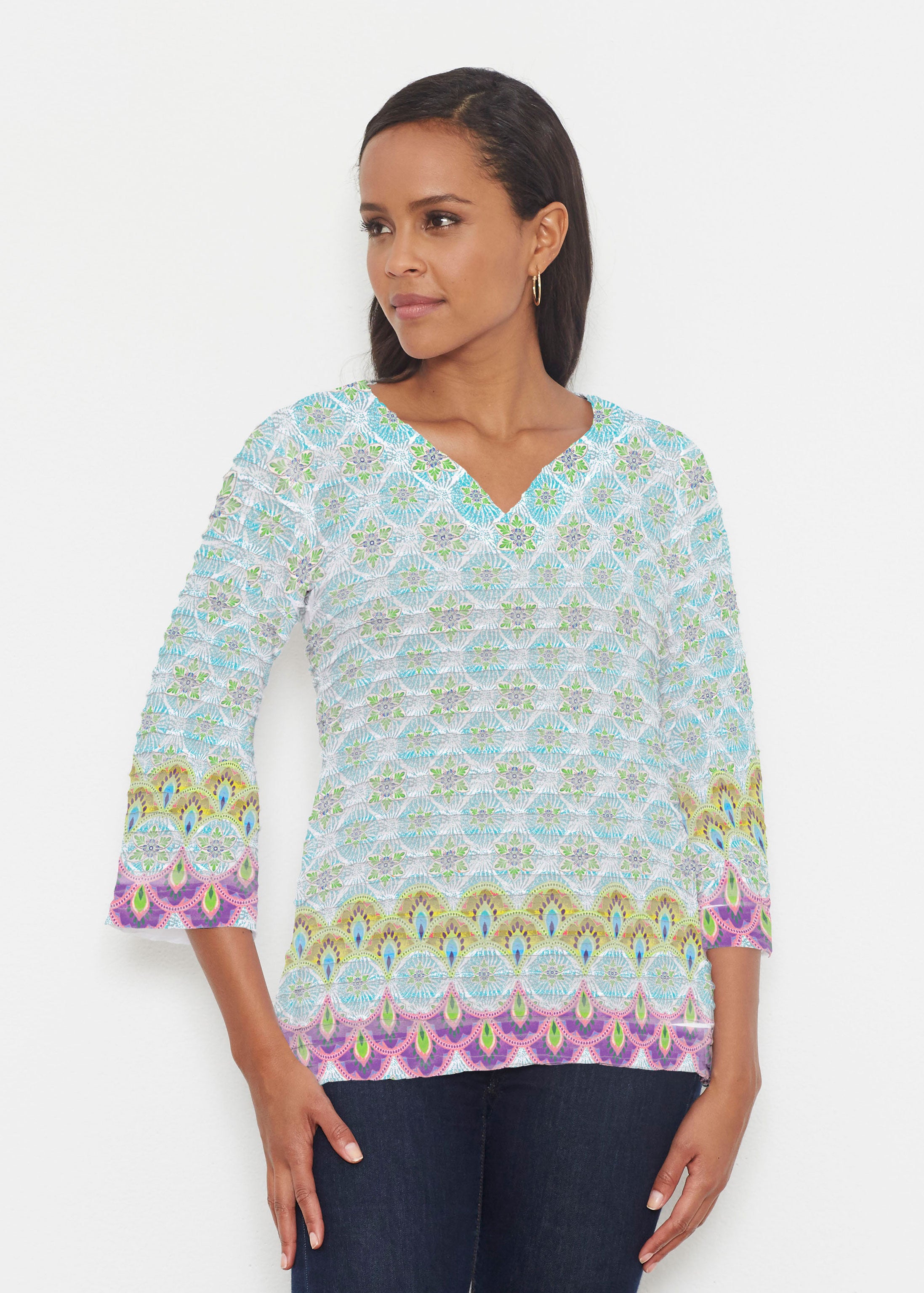 Izzy (19199) ~ Banded 3/4 Bell-Sleeve V-Neck Tunic – Whimsy Rose