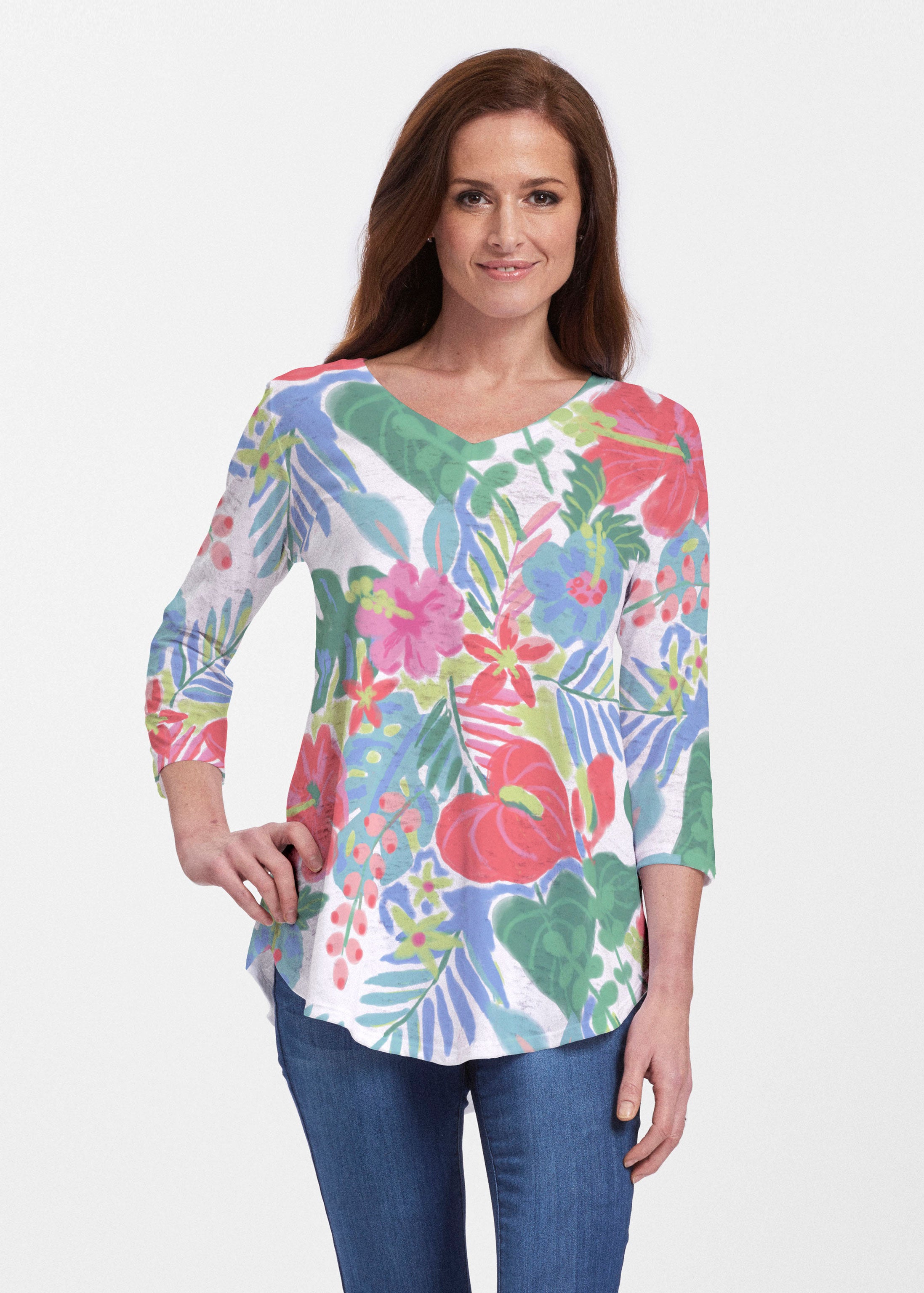 Hawaiian Fling (22141) ~ Signature V-neck Flowy Tunic – Whimsy Rose