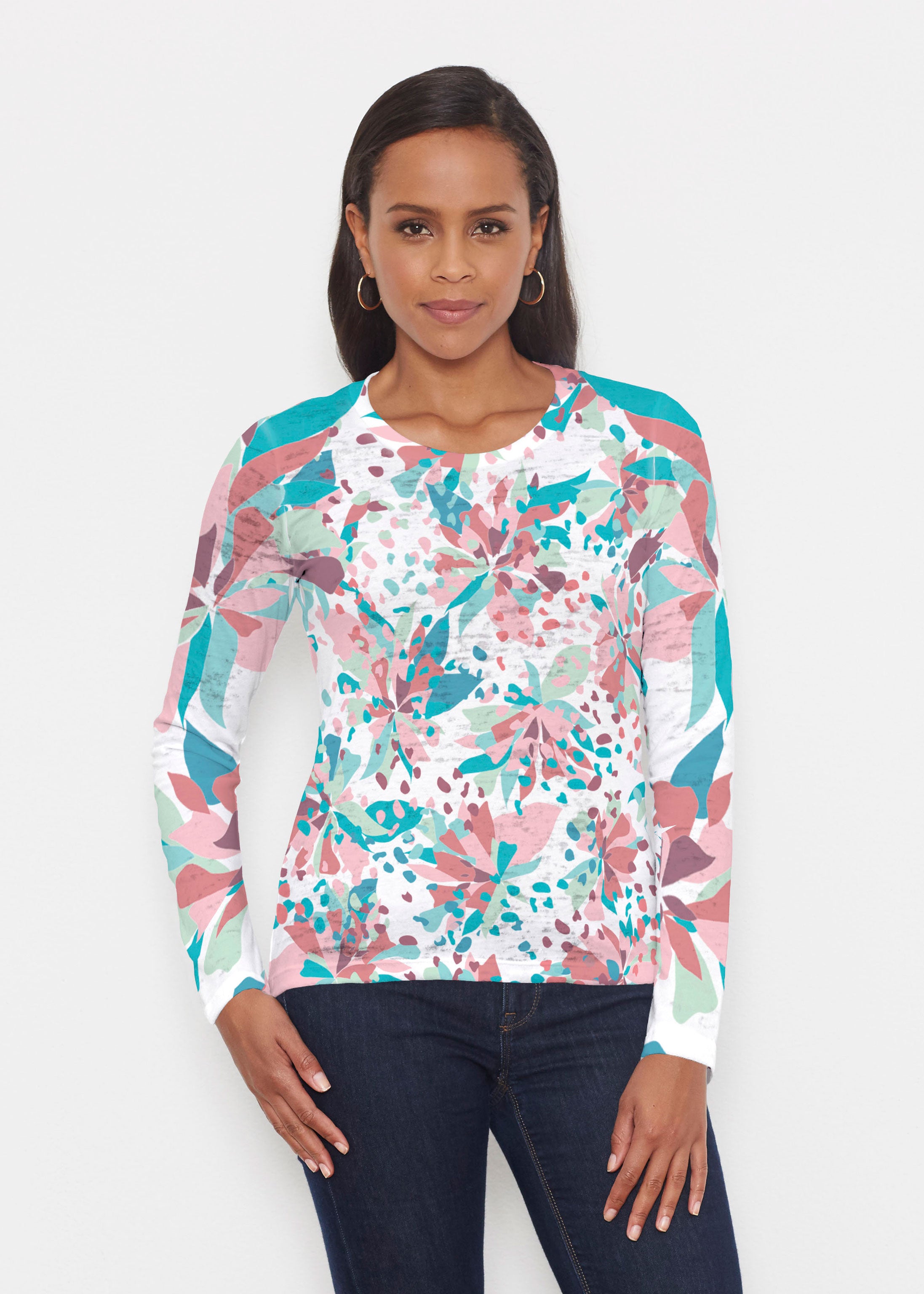 Floral Leopard Teal (7838) ~ Signature Long Sleeve Crew Shirt – Whimsy Rose