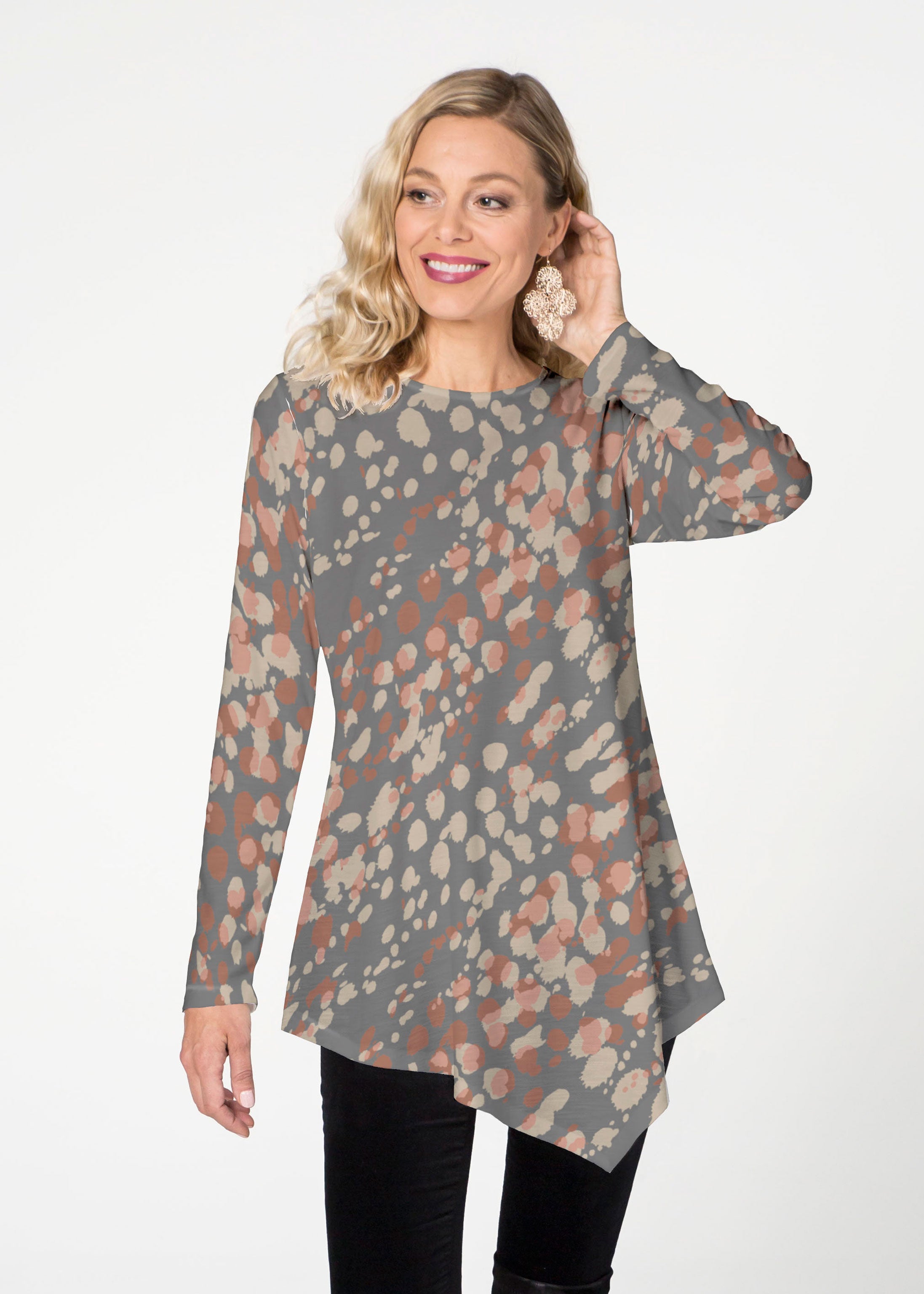 Edgy Splash (7877) ~ Asymmetrical French Terry Tunic – Whimsy Rose