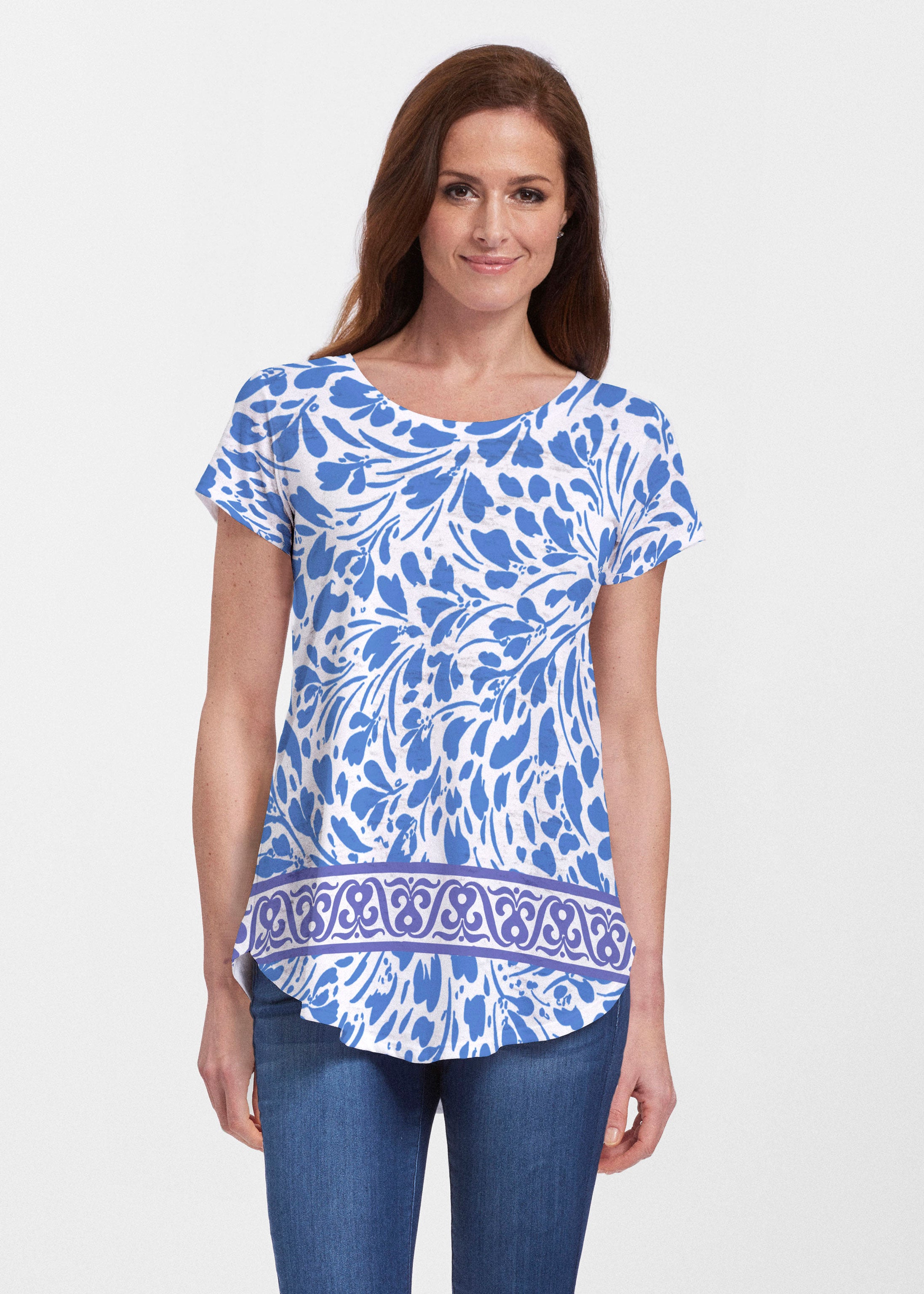 Ditsy Royal (7930) ~ Short Sleeve Scoop Neck Flowy Tunic – Whimsy Rose