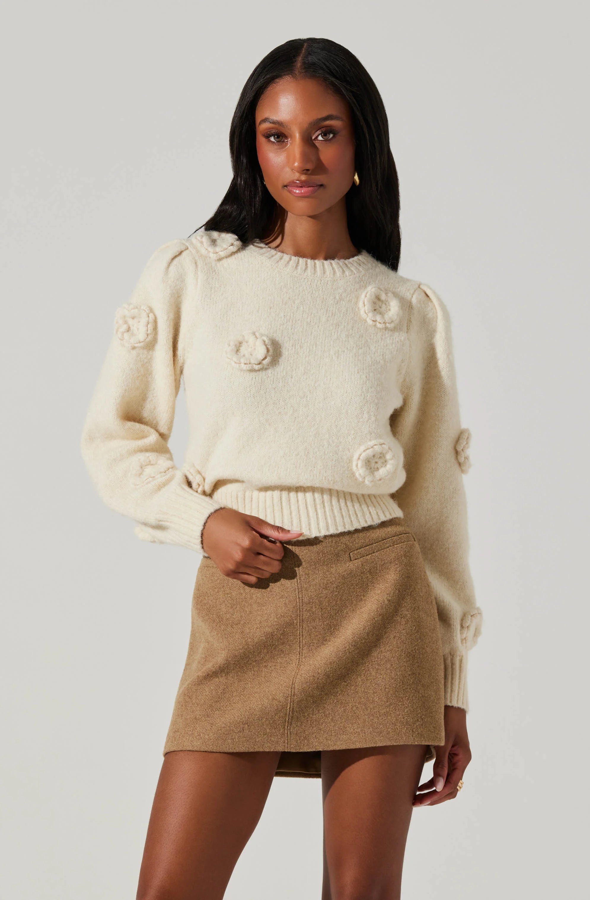 AST Wilessa Cream Sweater with 3D Flowers